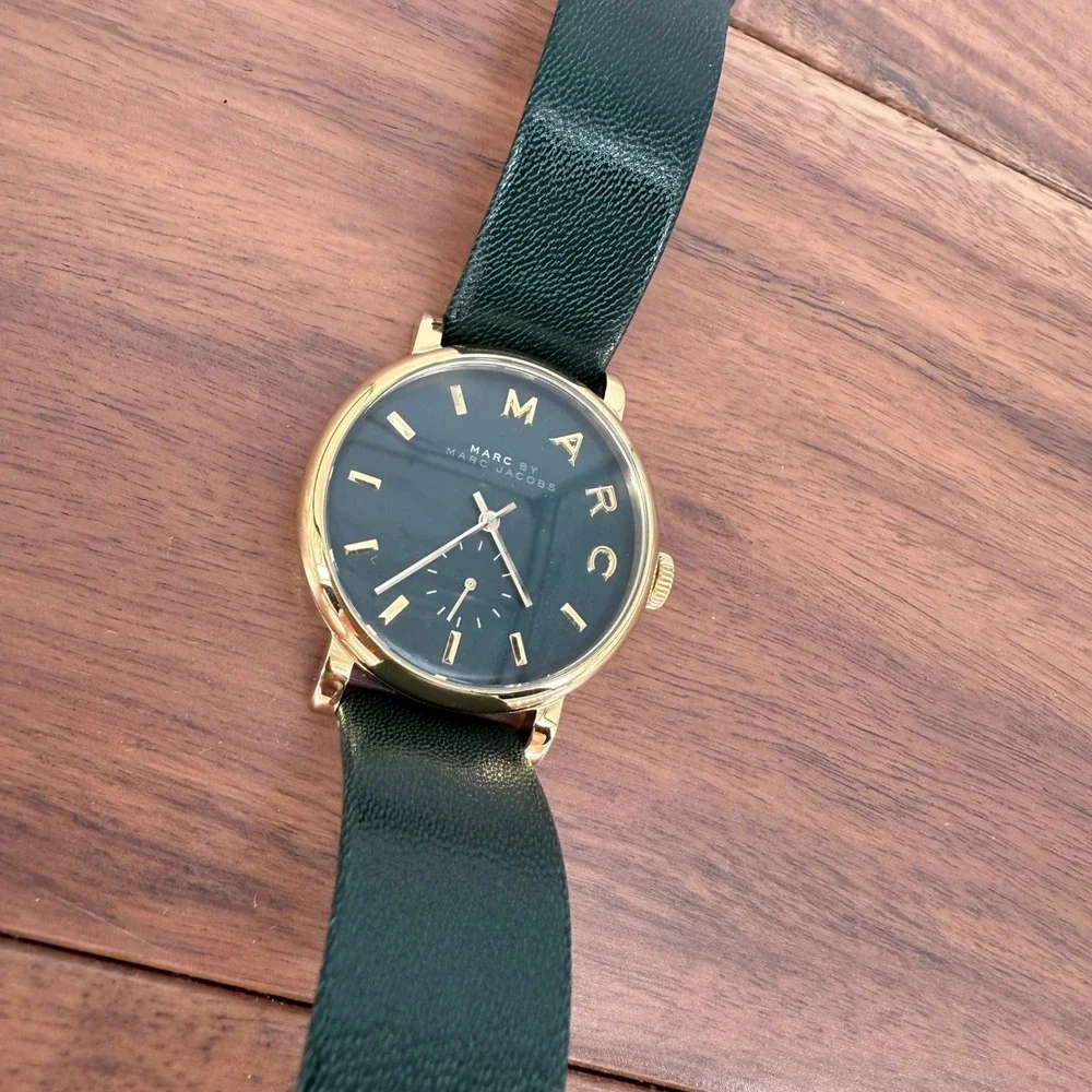 Marc by‎ Marc Jacobs Gold Tone Green Leather Band Watch Black Face